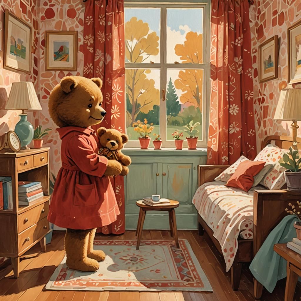 Girl and Teddy Bear in Mid-Century Illustration