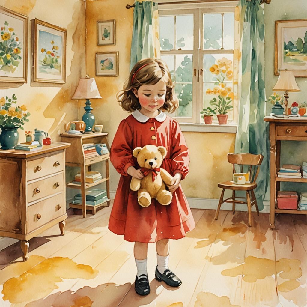 Girl with Teddy Bear in Mid-Century Illustration Style