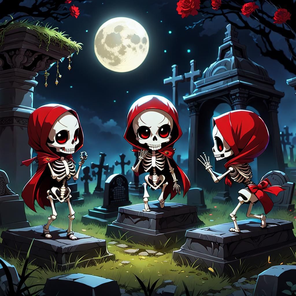 Chibi Skeletons' Hide-and-Seek: Manga-Style Cemetery Scene