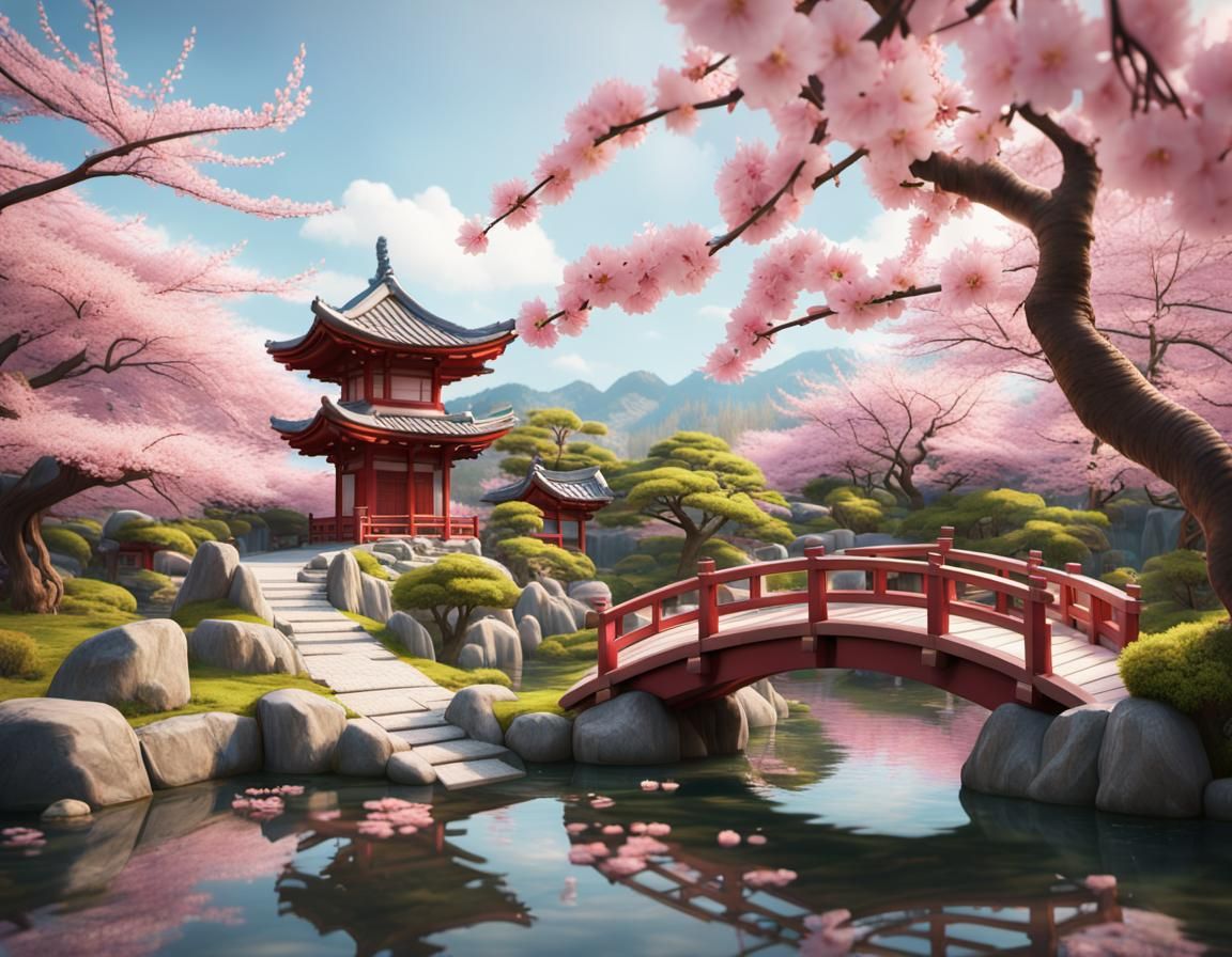 Vibrant Tenebrism Fantasy Art: Japanese Garden in Springtime...