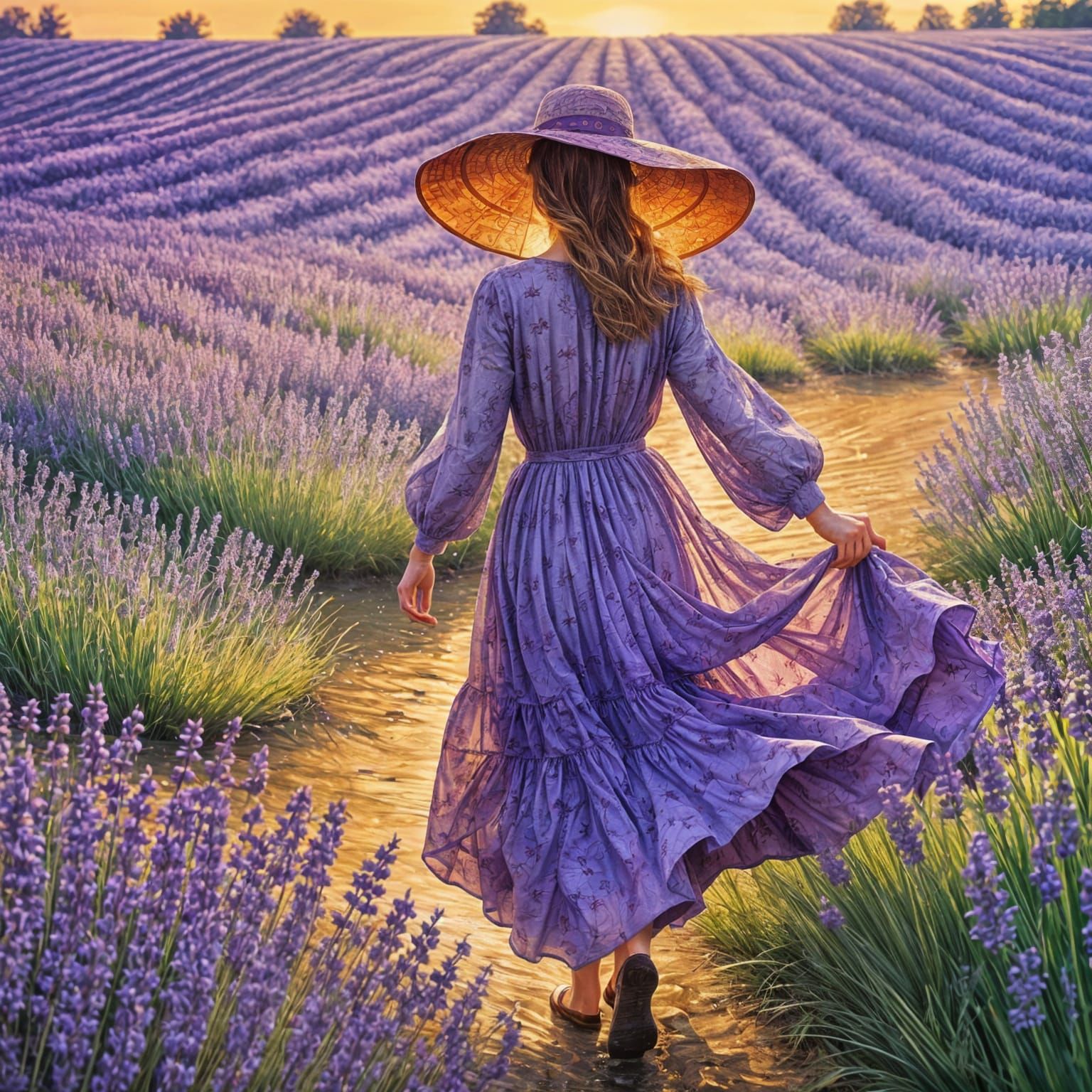 Woman in Purple Lavender Field: Folk Art Style