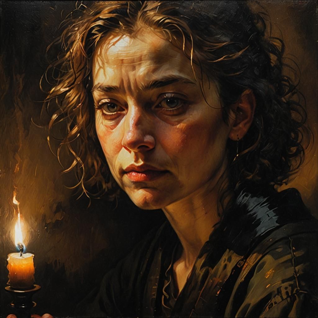 Contemplative Portrait in Shadows, Rembrandt-Inspired Oil Pa...