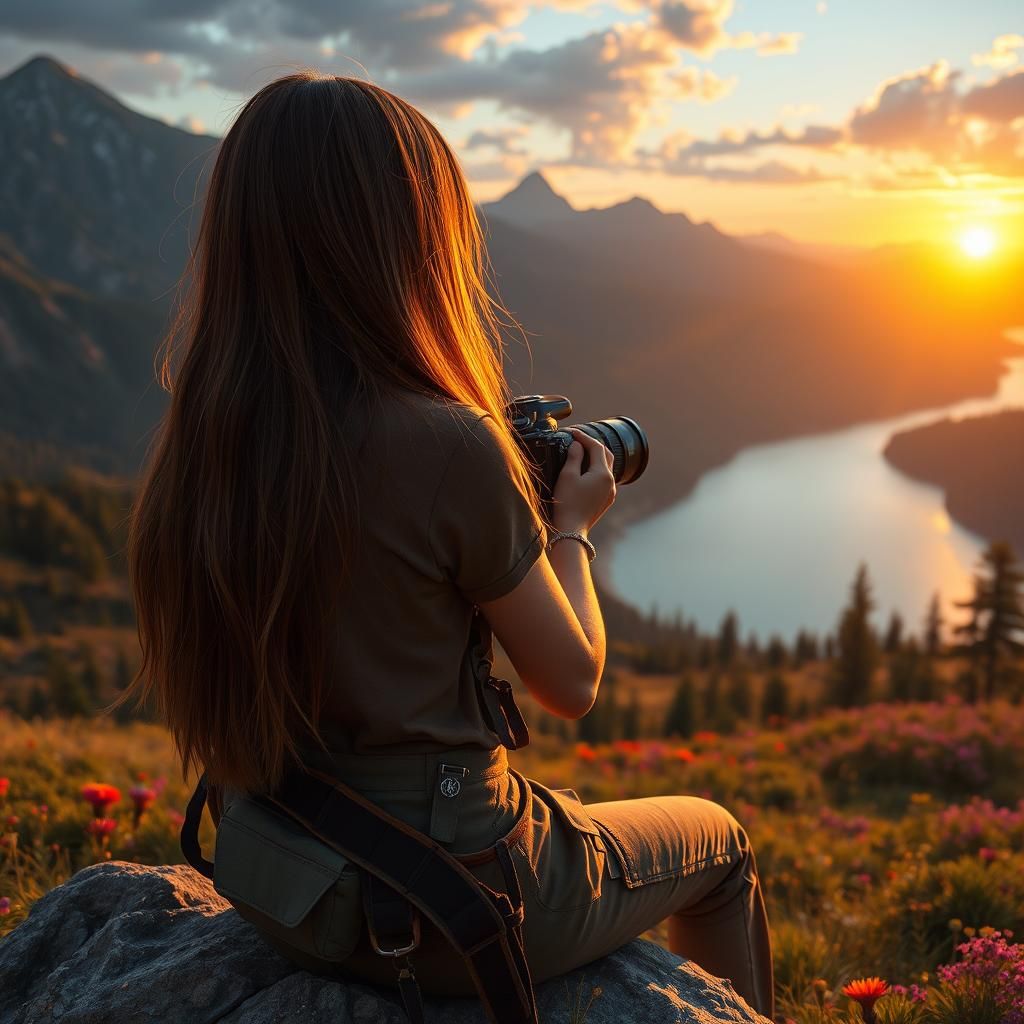 Girl Captures Sunset in Fantasy Landscape