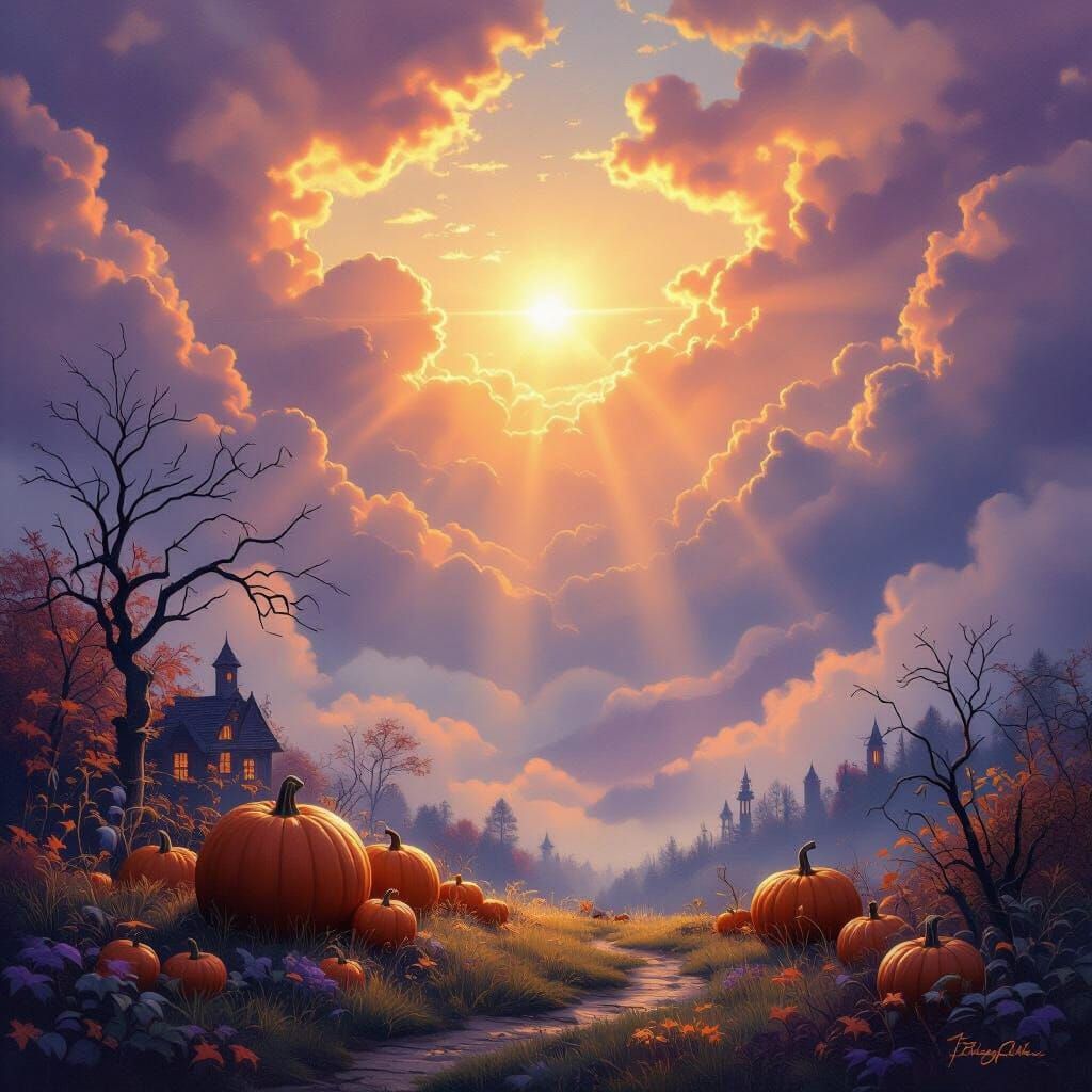 Ethereal Halloween Scene with Divine Sunshine