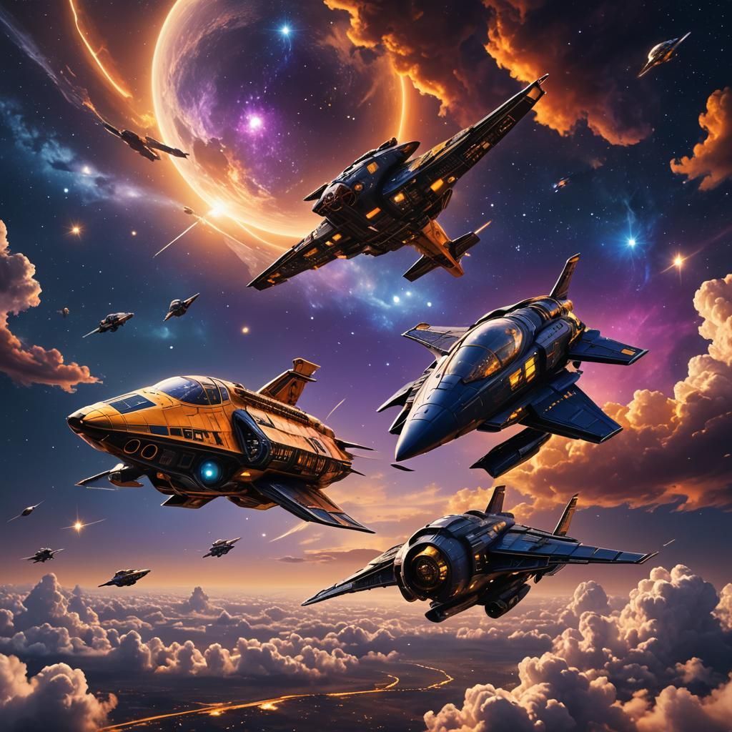 Spaceships in Golden Hour Sky: Digital Matte Painting