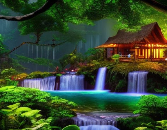 Jungle House with Waterfall: Fantasy Matte Painting