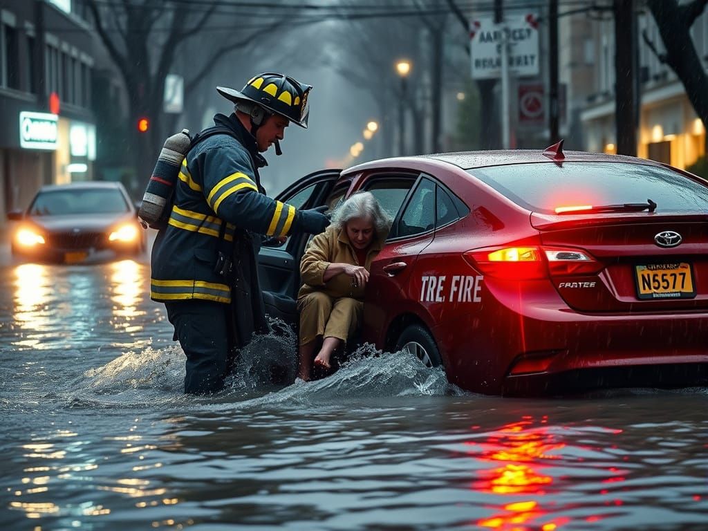 Firefighter Rescue During Flash Flood in Dramatic Lighting