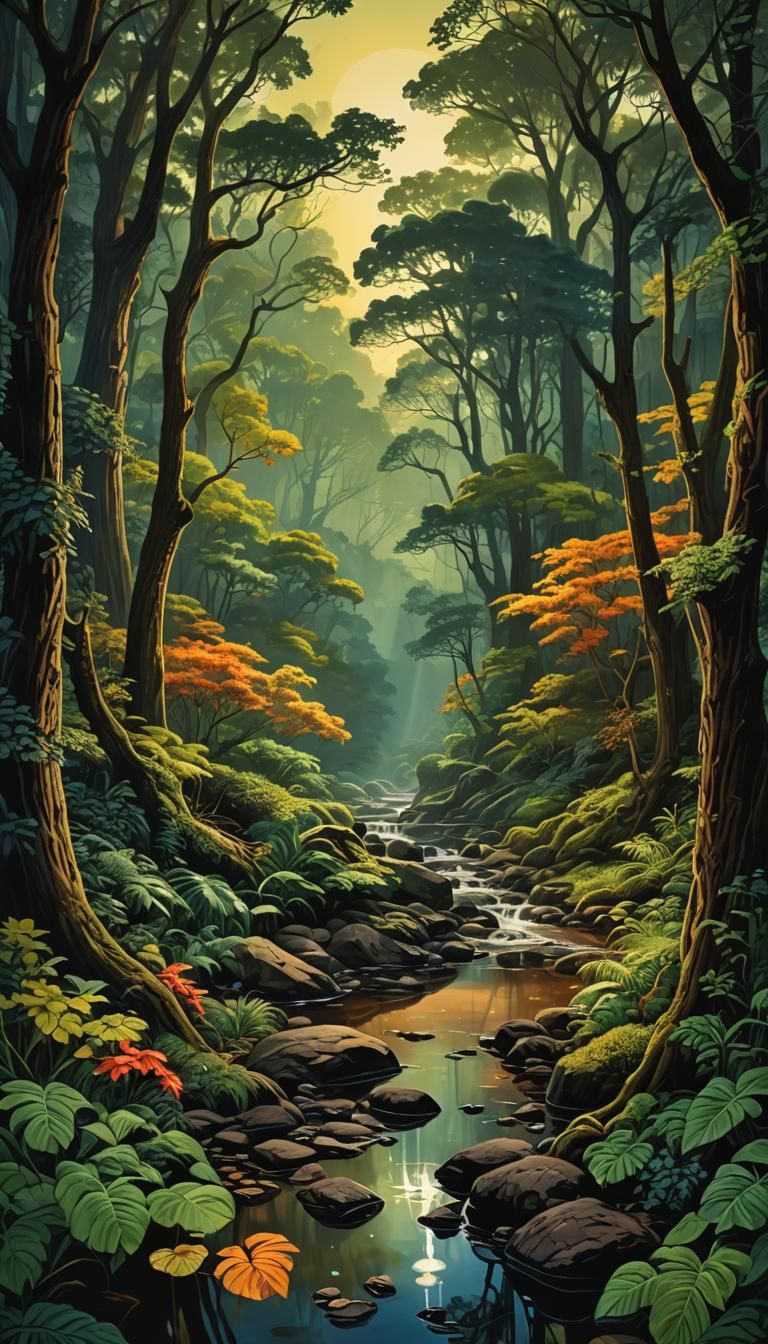 Photorealistic Tonalist Painting of Woodland Scene