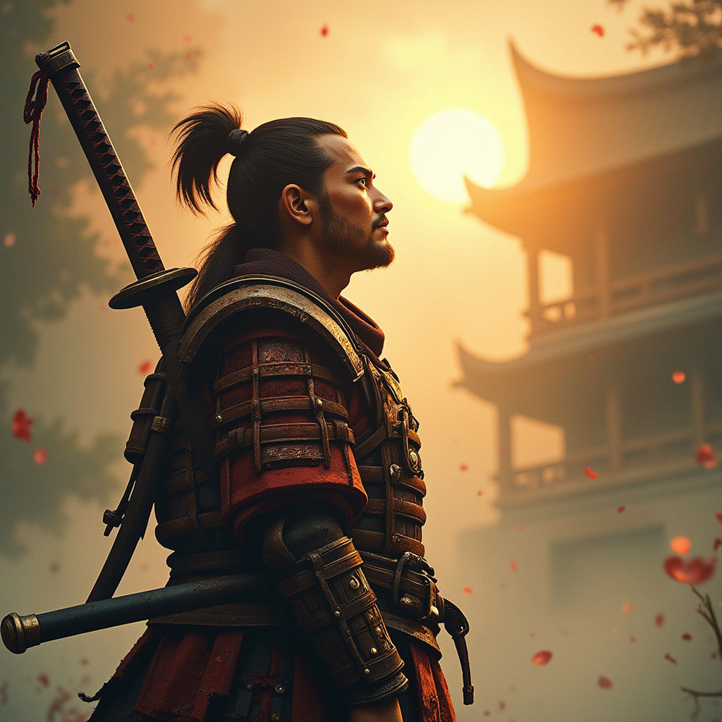 Surreal Samurai in Golden Light, Inspired by Hokusai