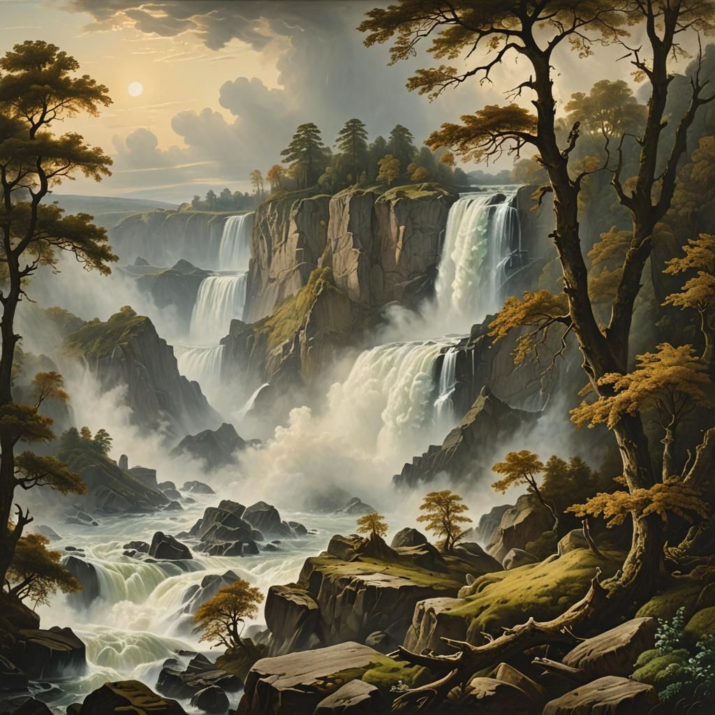 Rocky Landscape with Waterfall in Golden Age Style