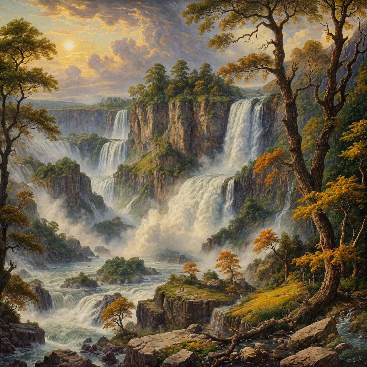 Sweeping Baroque Landscape with Towering Waterfall