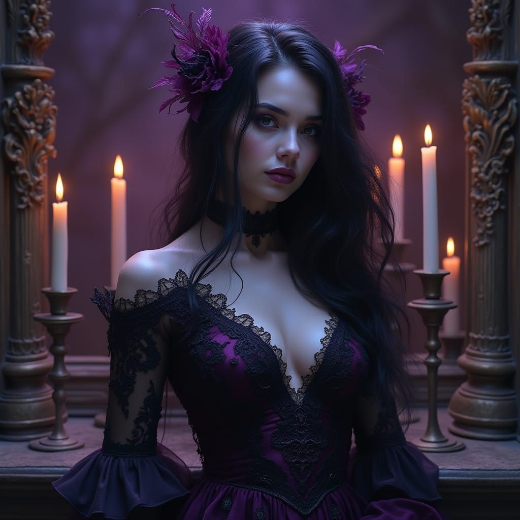 Ethereal Goth Woman in Rich Velvet and Black Lace
