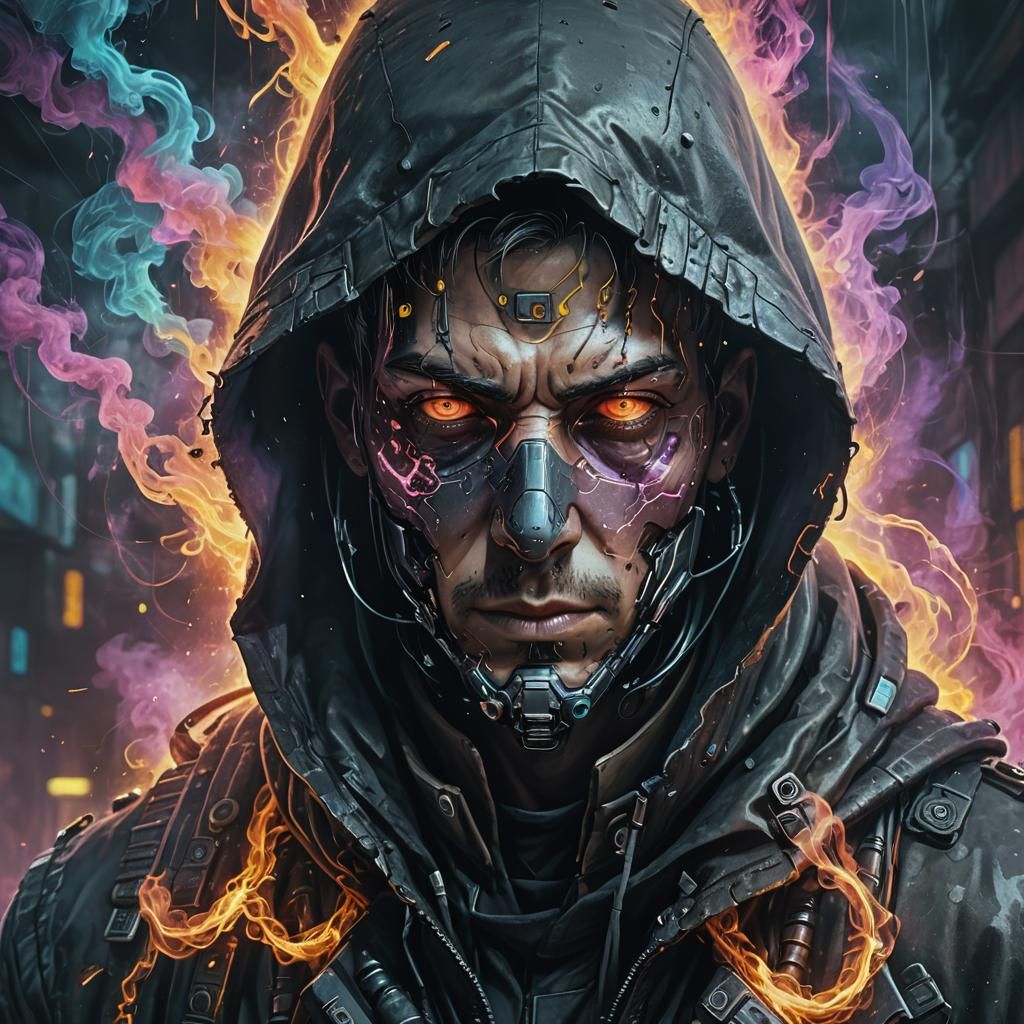 Cyberpunk Hooded Figure with Smoke, Artgerm-Inspired
