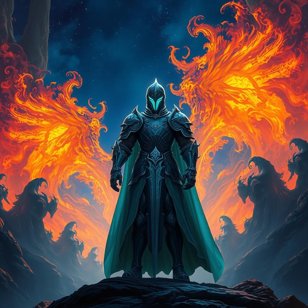 Ethereal Knight Illuminated in Vibrant, Fiery Orange, Under...