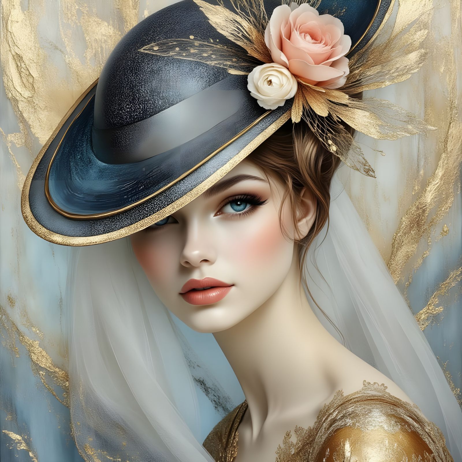 Elegant Woman with Veils as Mixed Media Portrait