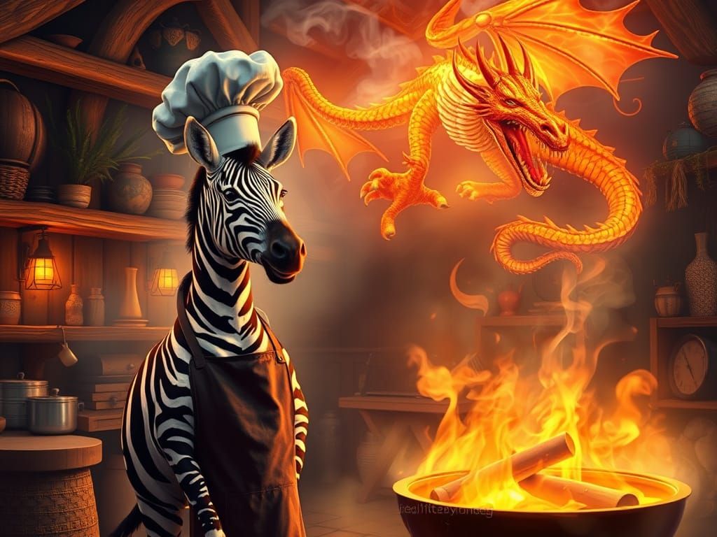 Whimsical Zebra Chef with Majestic Dragon