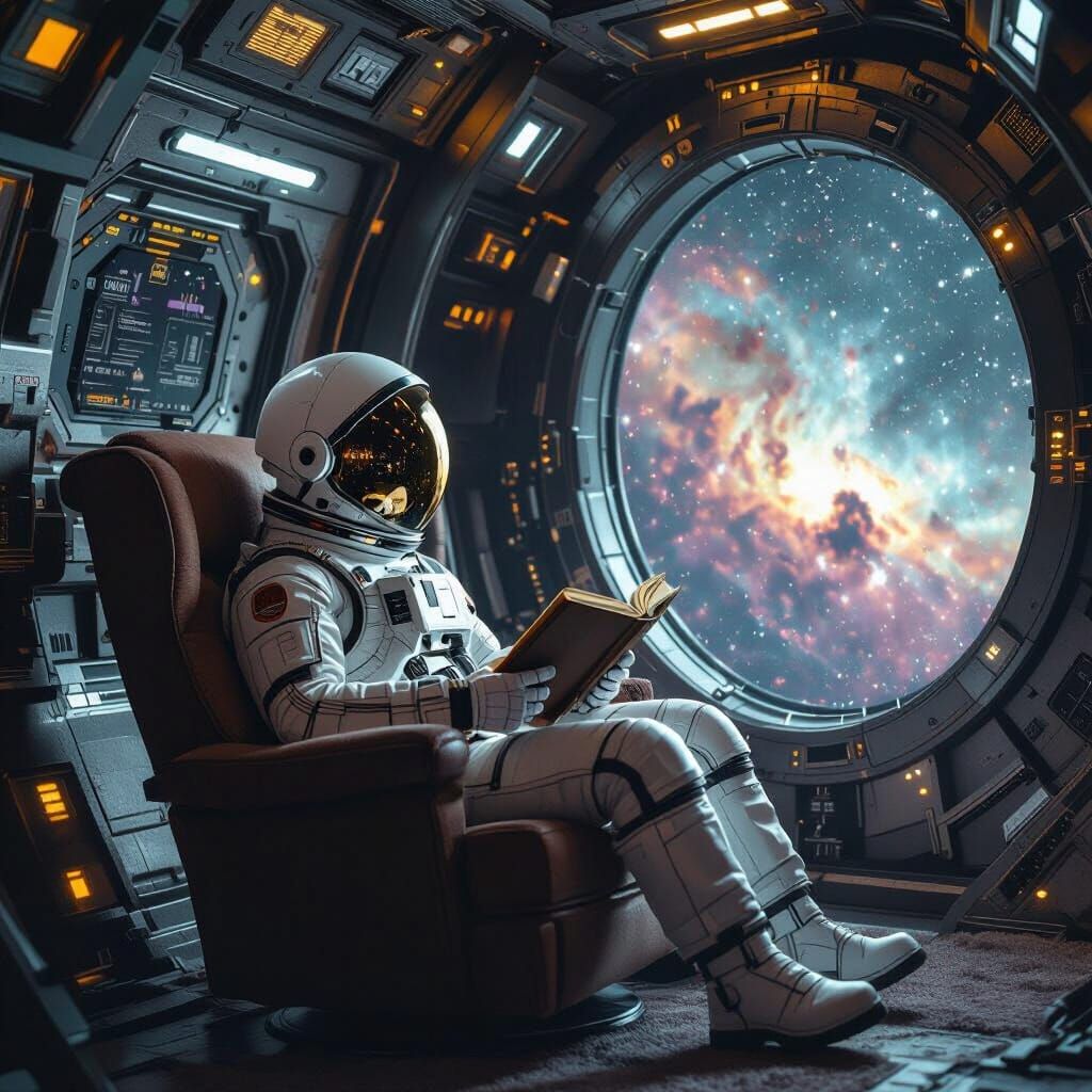 Astronaut Reads in Lunar Module Over Nebulae Galaxy