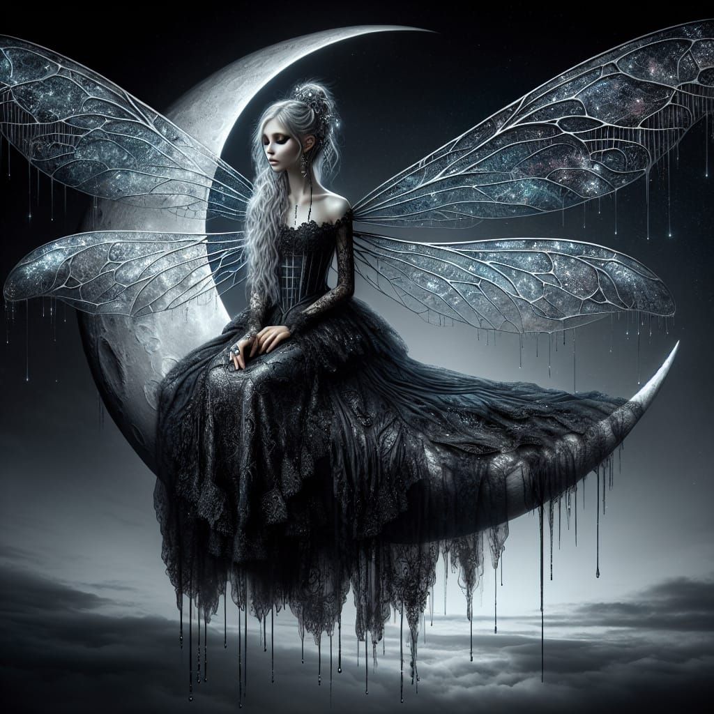 Gothic Fairy on a Silver Crescent Moon