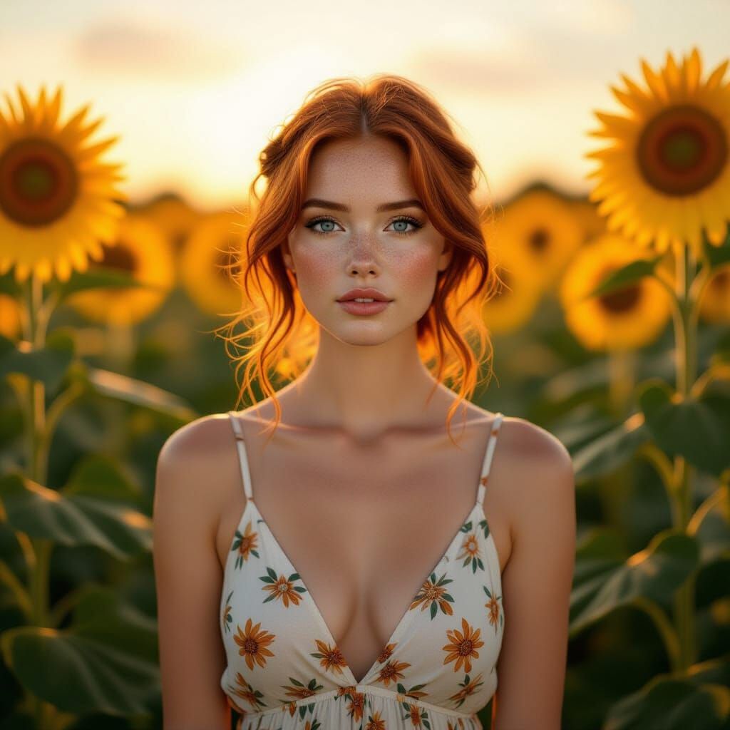 Auburn Beauty in Sunlit Sunflower Field
