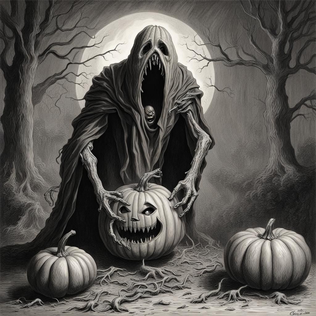 Terrified Pumpkin Carving Itself: Horror Illustration