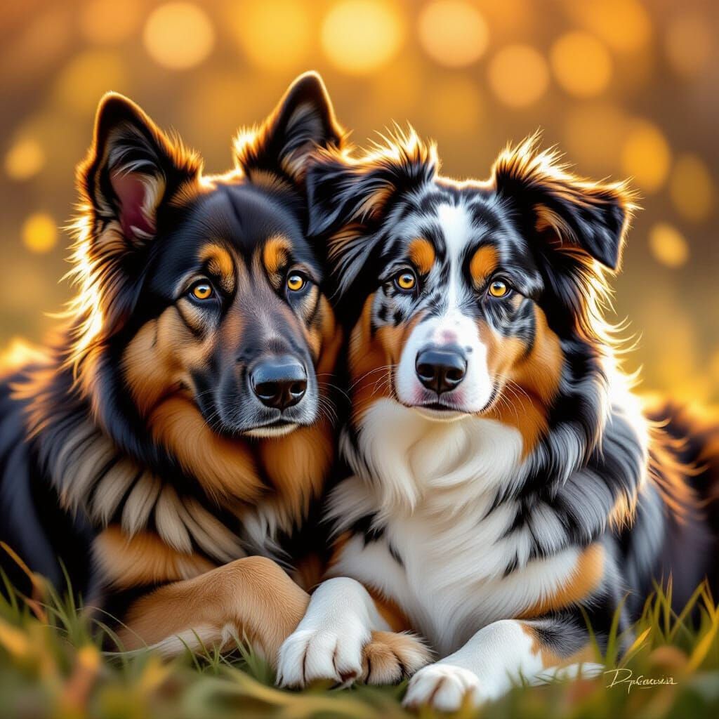 German Shepherd and Australian Shepherd in Golden Hour Light