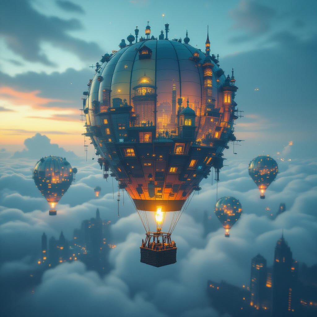 Floating Balloon Cities with Neon Highlights
