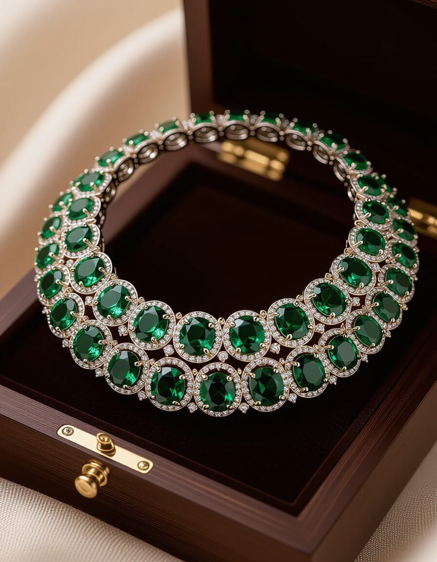 Regal Lady Adorned with Emerald and Diamond Necklace