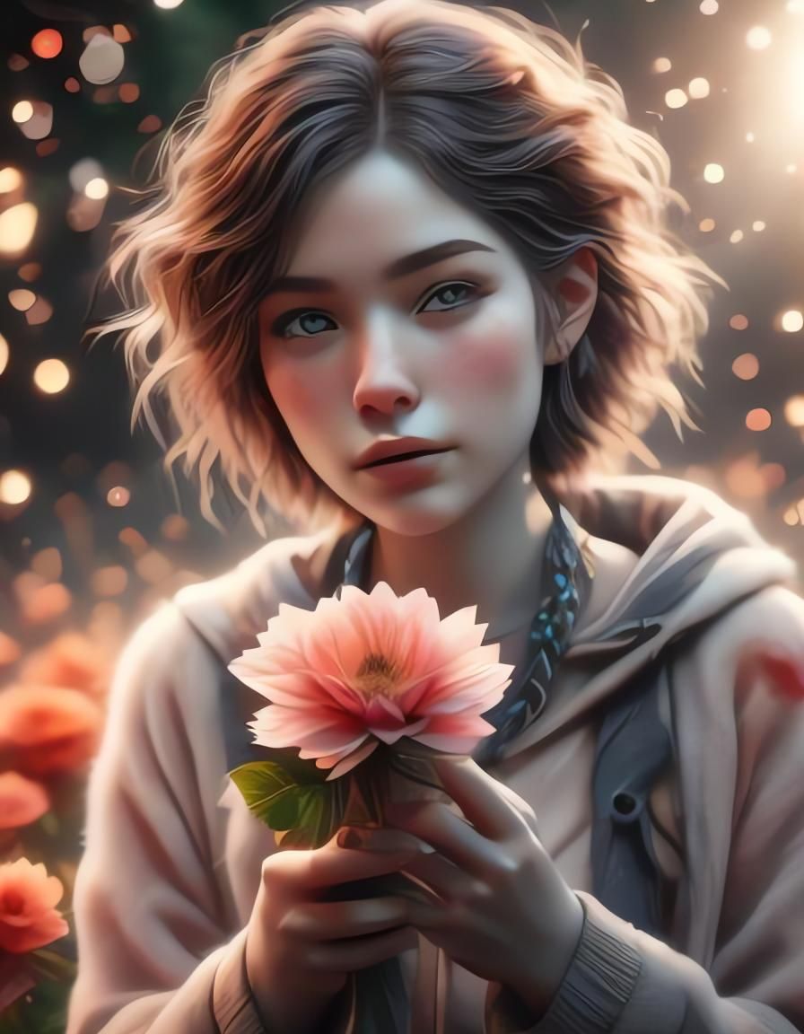 Realistic Portrait Holding Flower in Watercolour Style