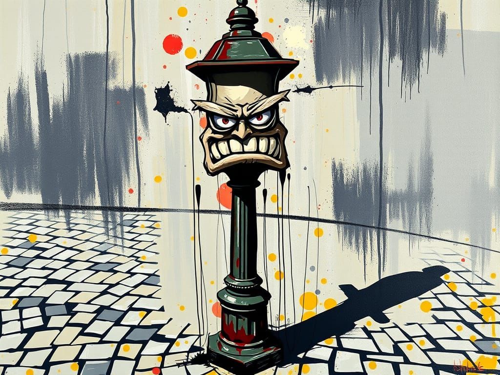 Grumpy Streetlamp on Cobblestone Street in Abstract Expressi...