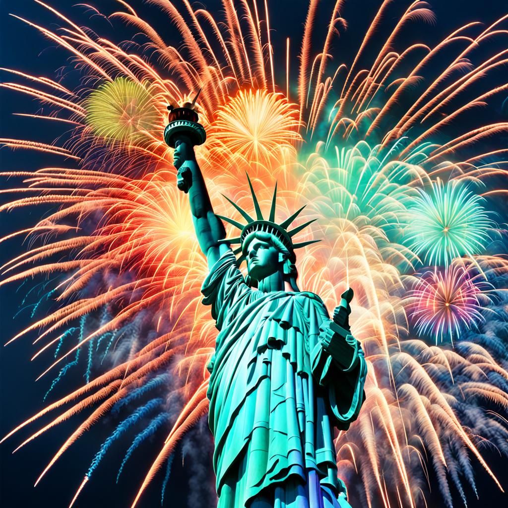Statue of Liberty with Fireworks in Double Exposure