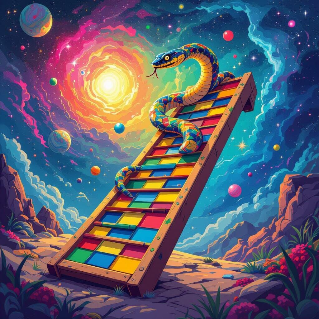 Cosmic Snakes and Ladders Game in Digital Art Style
