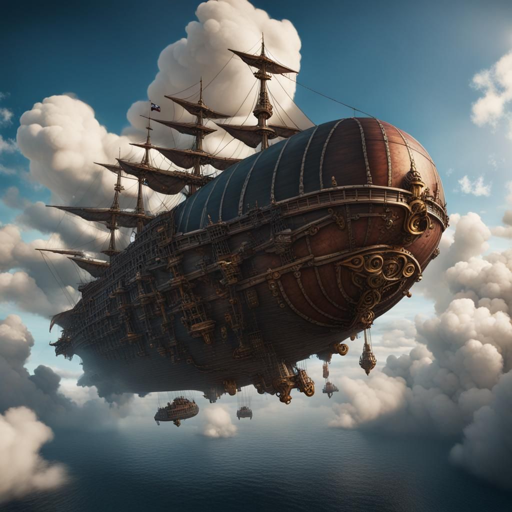 Pirate Airship Over Cloud, Detailed Matte Painting