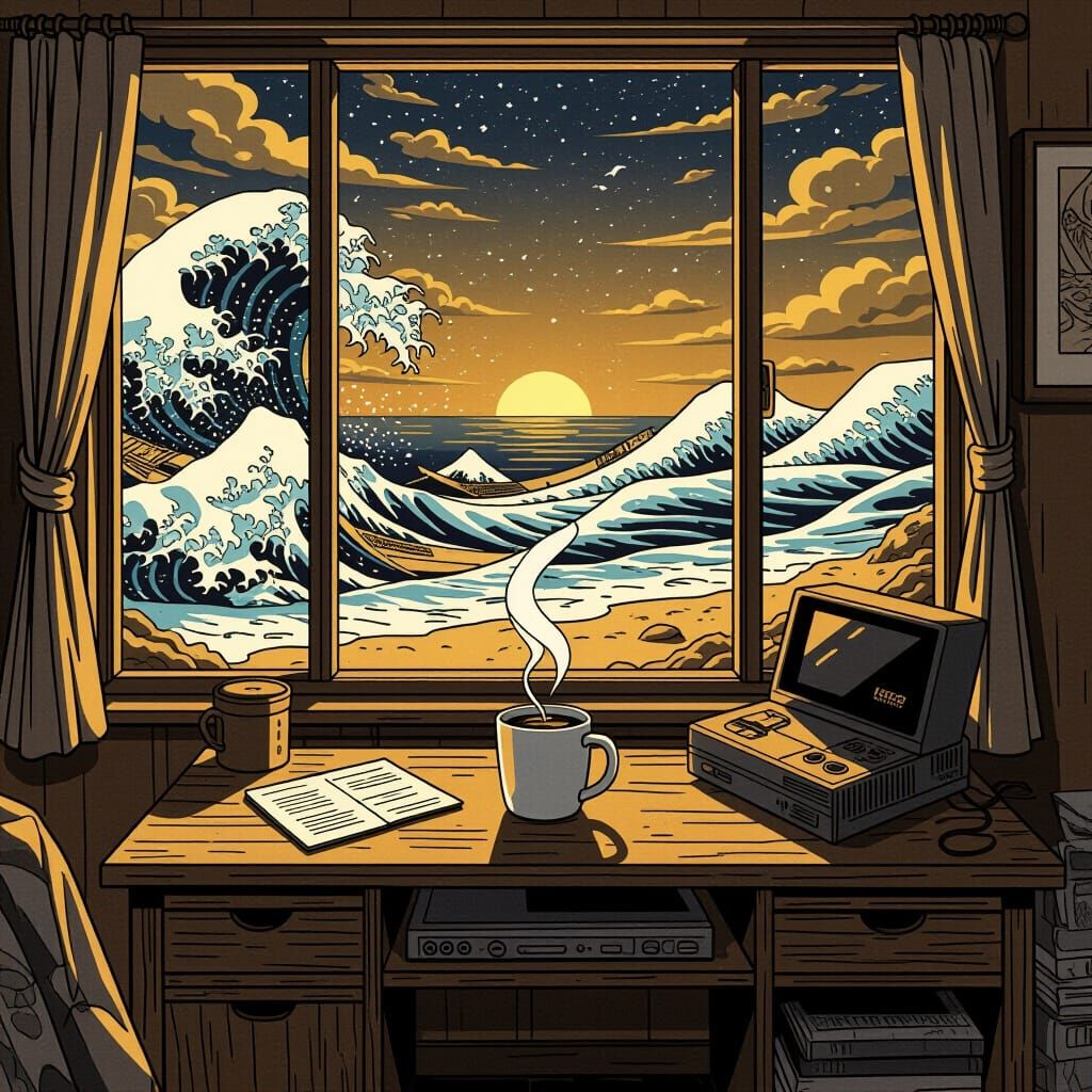 Serene Manga Room with Ocean View in Line Art