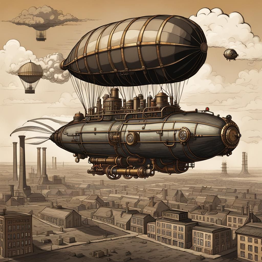 Steampunk Blimp Over Industrial Cityscape