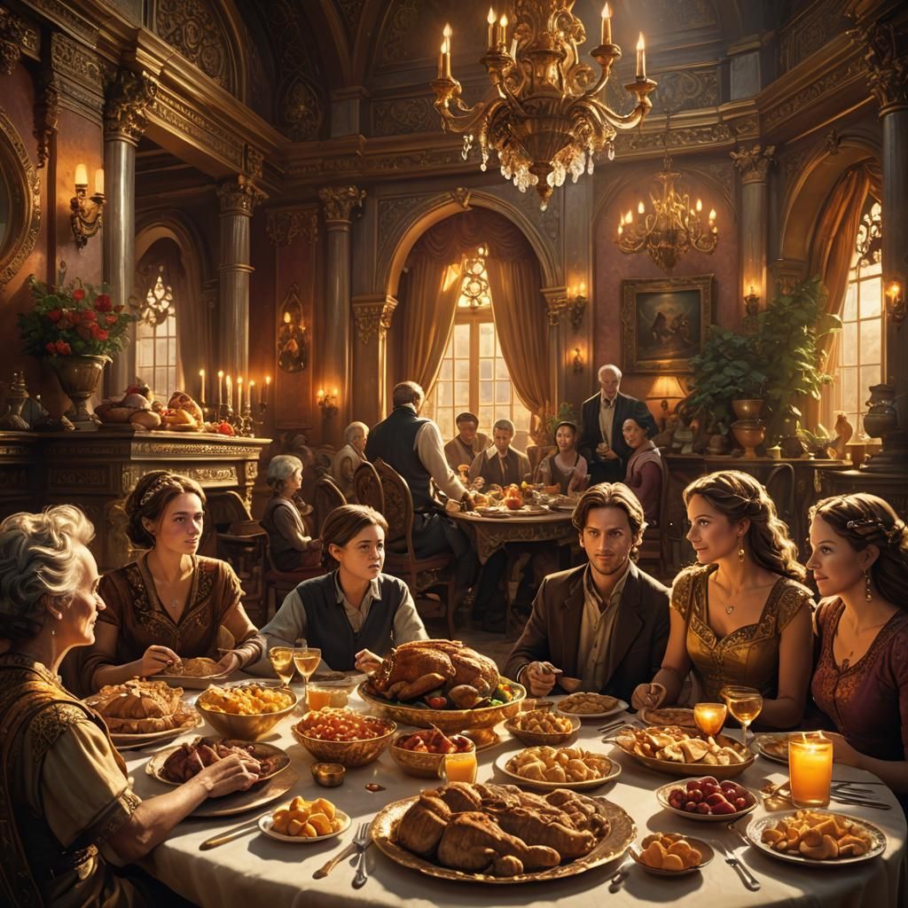 Thanksgiving Family Feast in Golden Fantasy Art