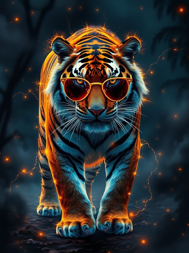 Surreal Bengal Tiger in Misty Rainforest, Alcohol Ink Style