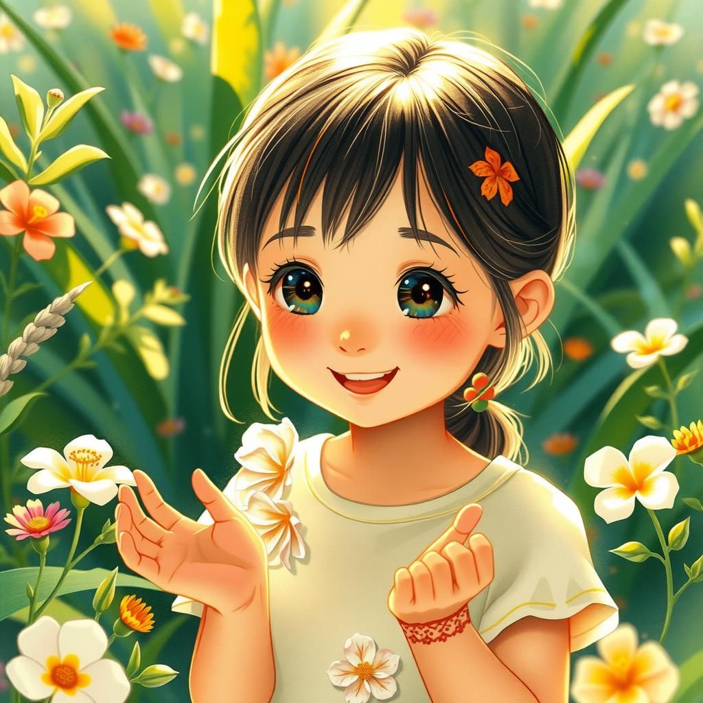 Whimsical Girl in Garden, Watercolor Style