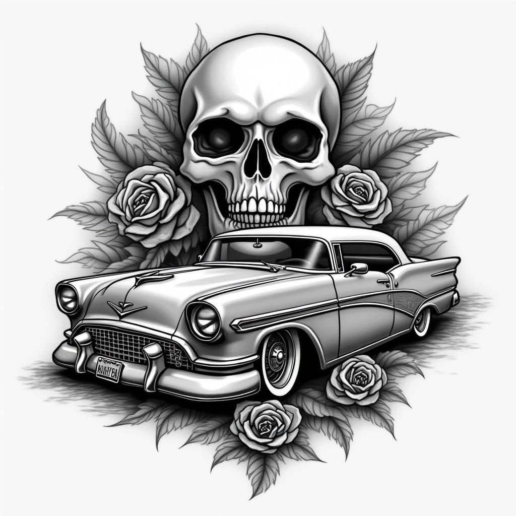 Chicano Lowrider Tattoo Art with Skull and Roses