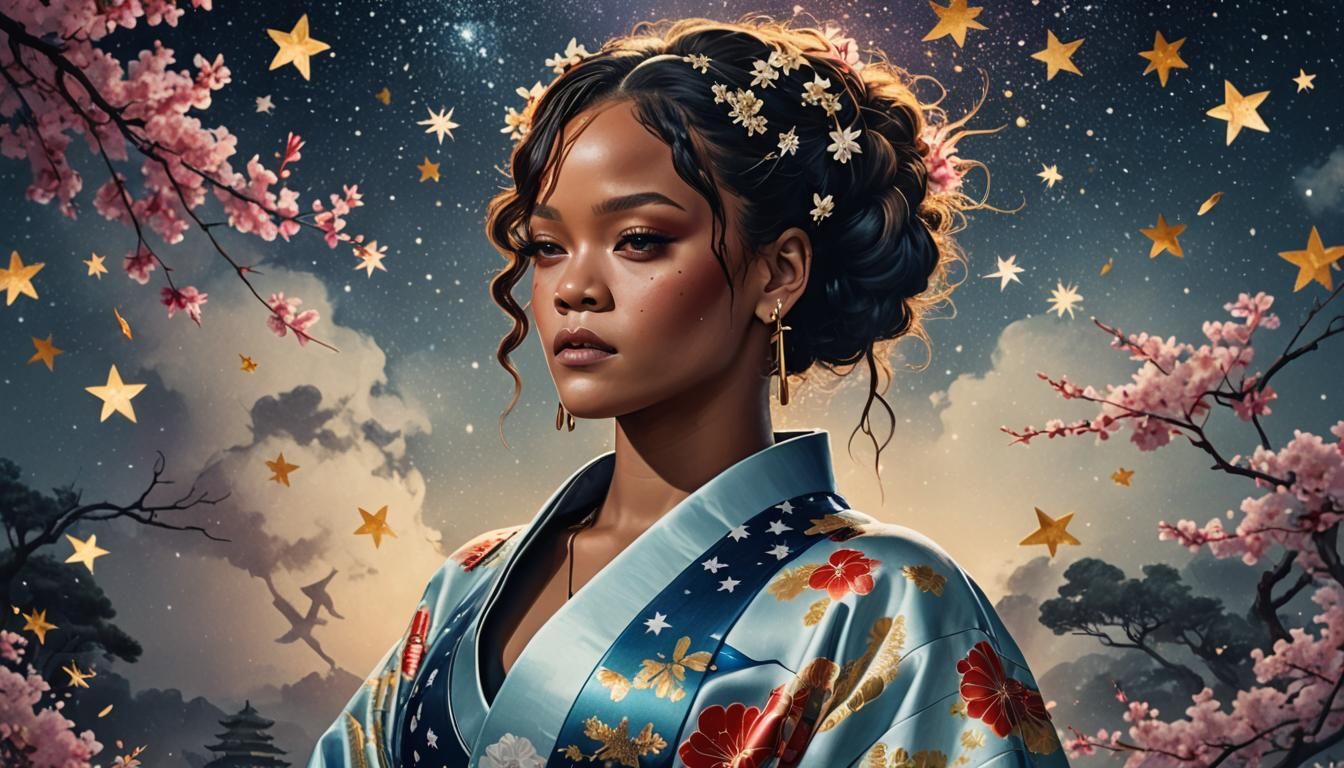 Rihanna in Kimono with Floating Stars, Hyperrealistic Art