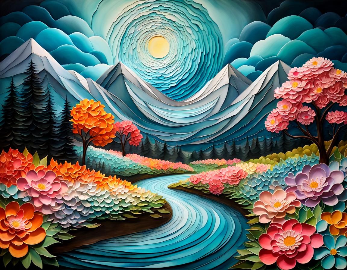 Colorful landscape kirigami
