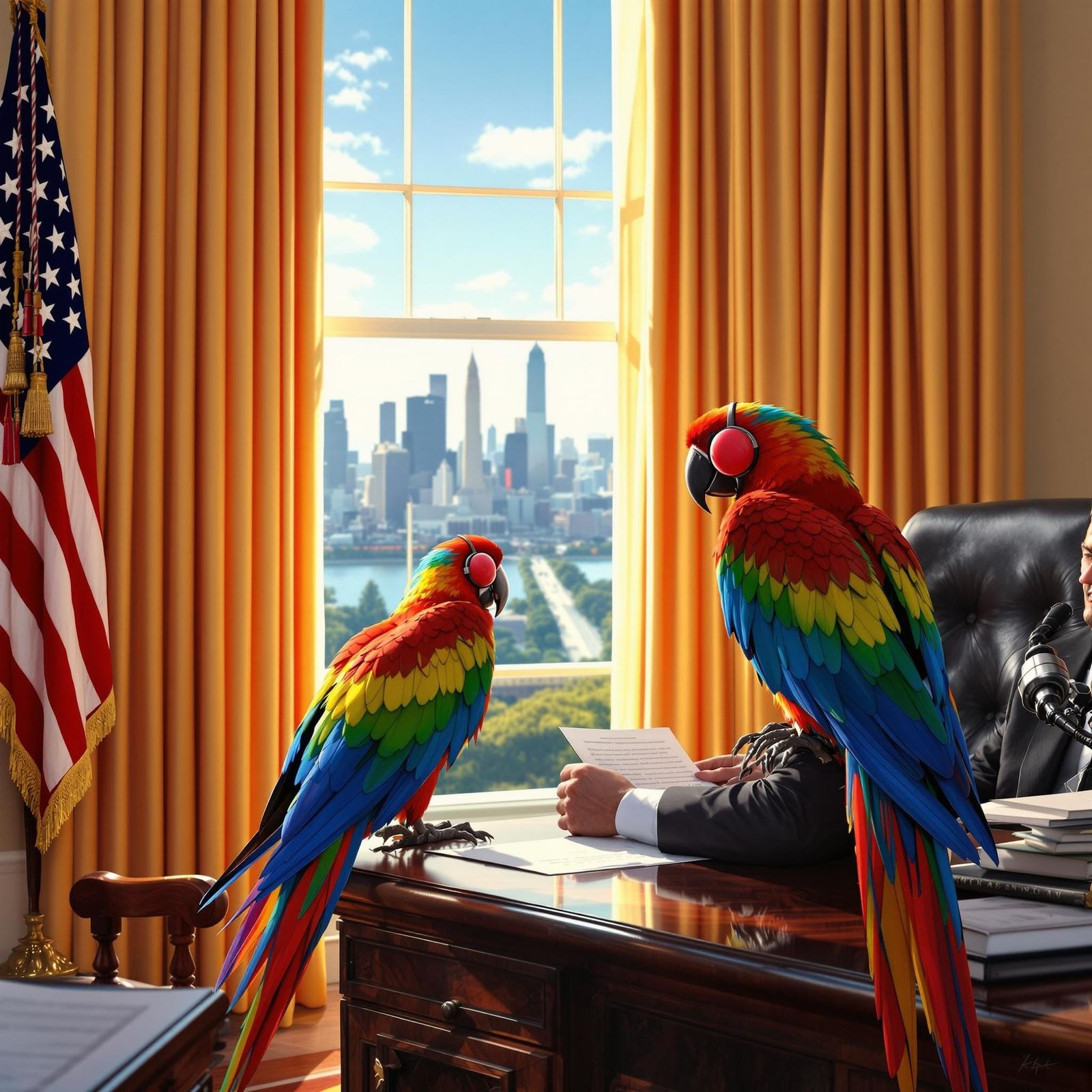 President Surrounded by Whimsical Parrot in Oval Office