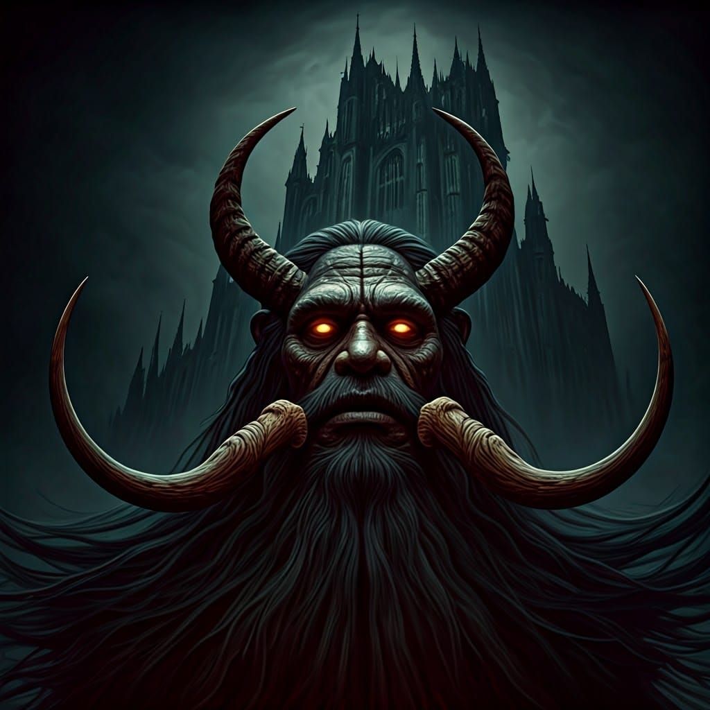 Nightmarish Horned Deity in Gothic Setting