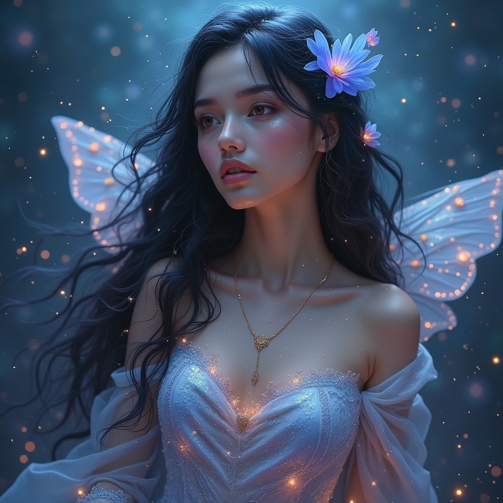Ethereal Woman in Iridescent Attire with Blue Flowers
