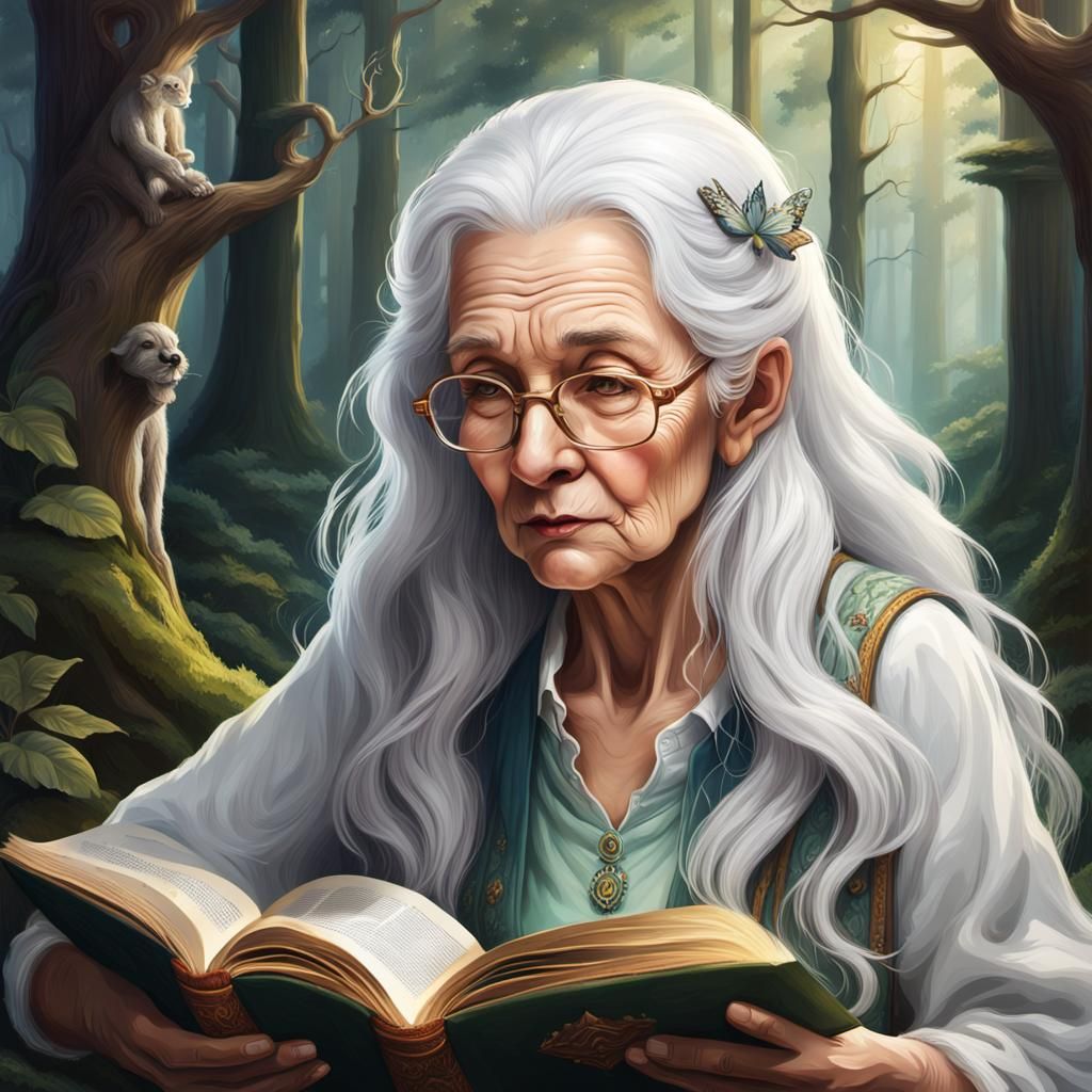 Enchanting Old Woman Reading in Forest Book Nook