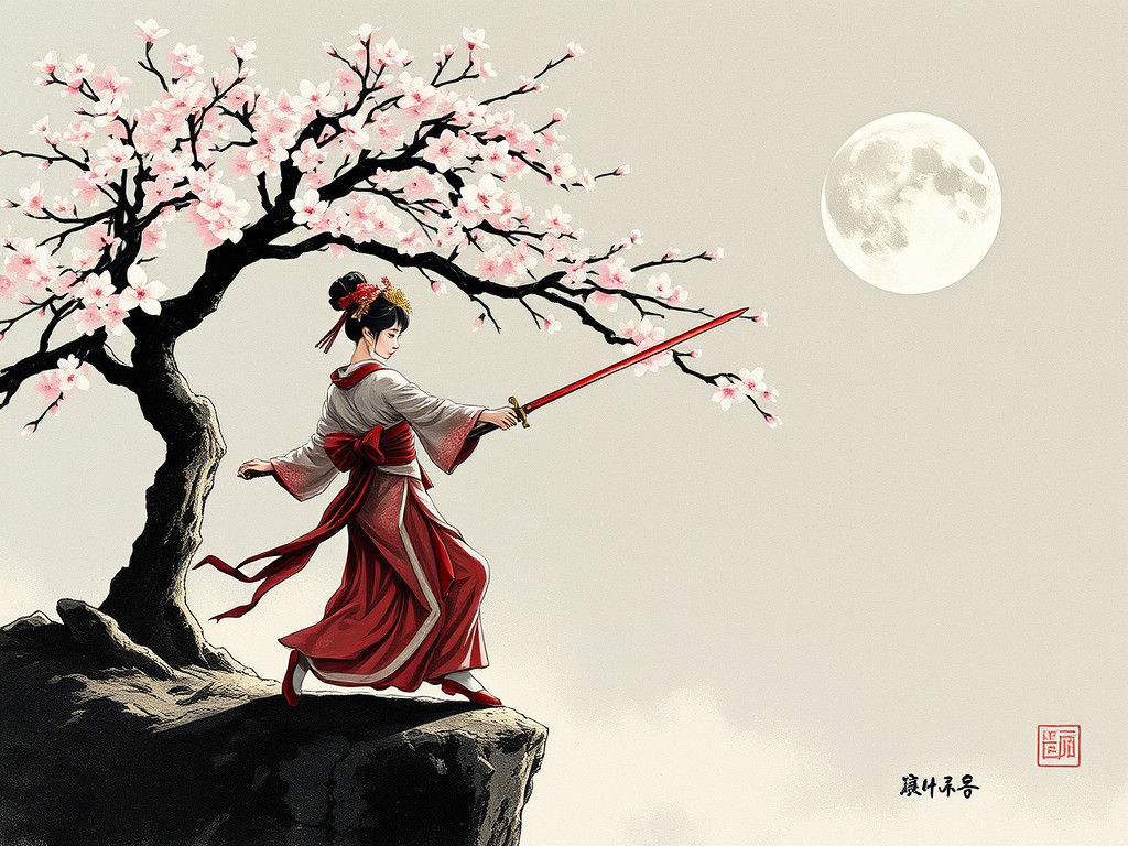 Geisha Martial Arts with Katana Under Blossom Tree