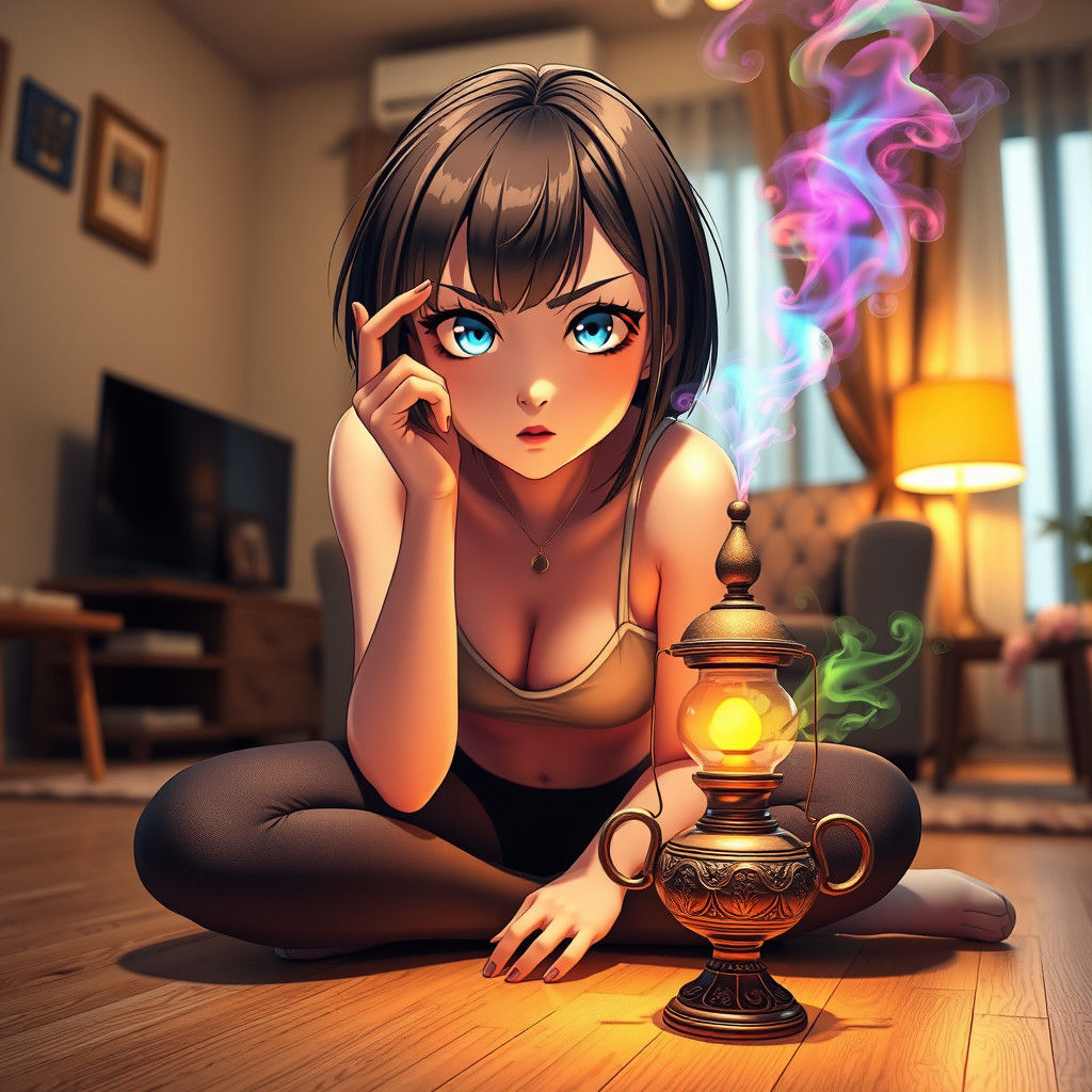 Cute Woman Conjuring Smoke From Ornate Oil Lamp