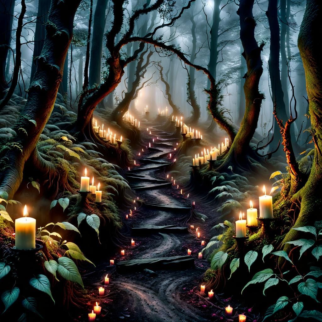 Eerie Candlelit Forest Path in Photorealistic Style