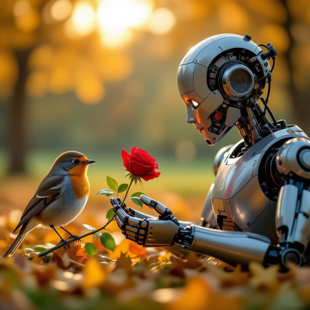 Robot Offers Rose to Bird in Golden Hour Park