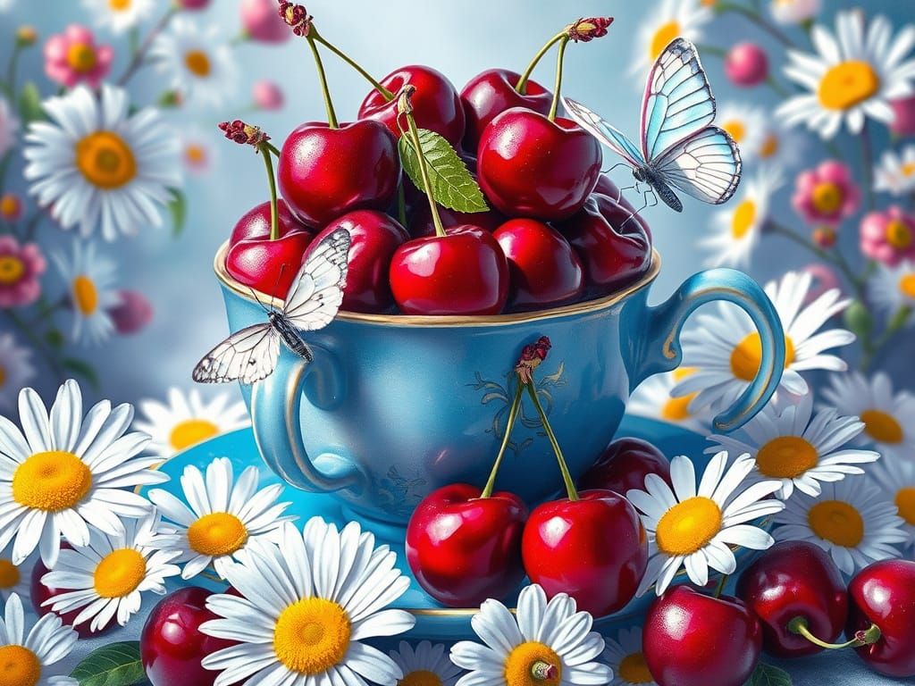 Cherries in Blue Cup: Hyperrealistic Fantasy Art