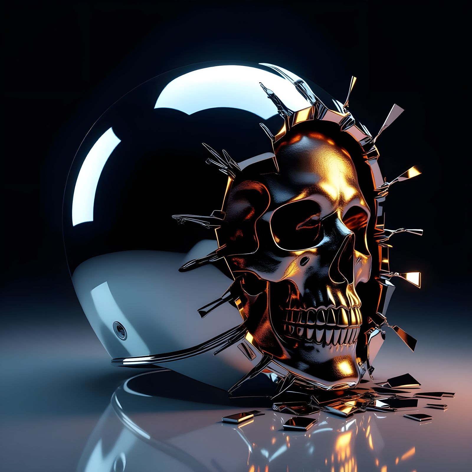 Chrome Helmet Reveals Bronze Skull: 3D Render